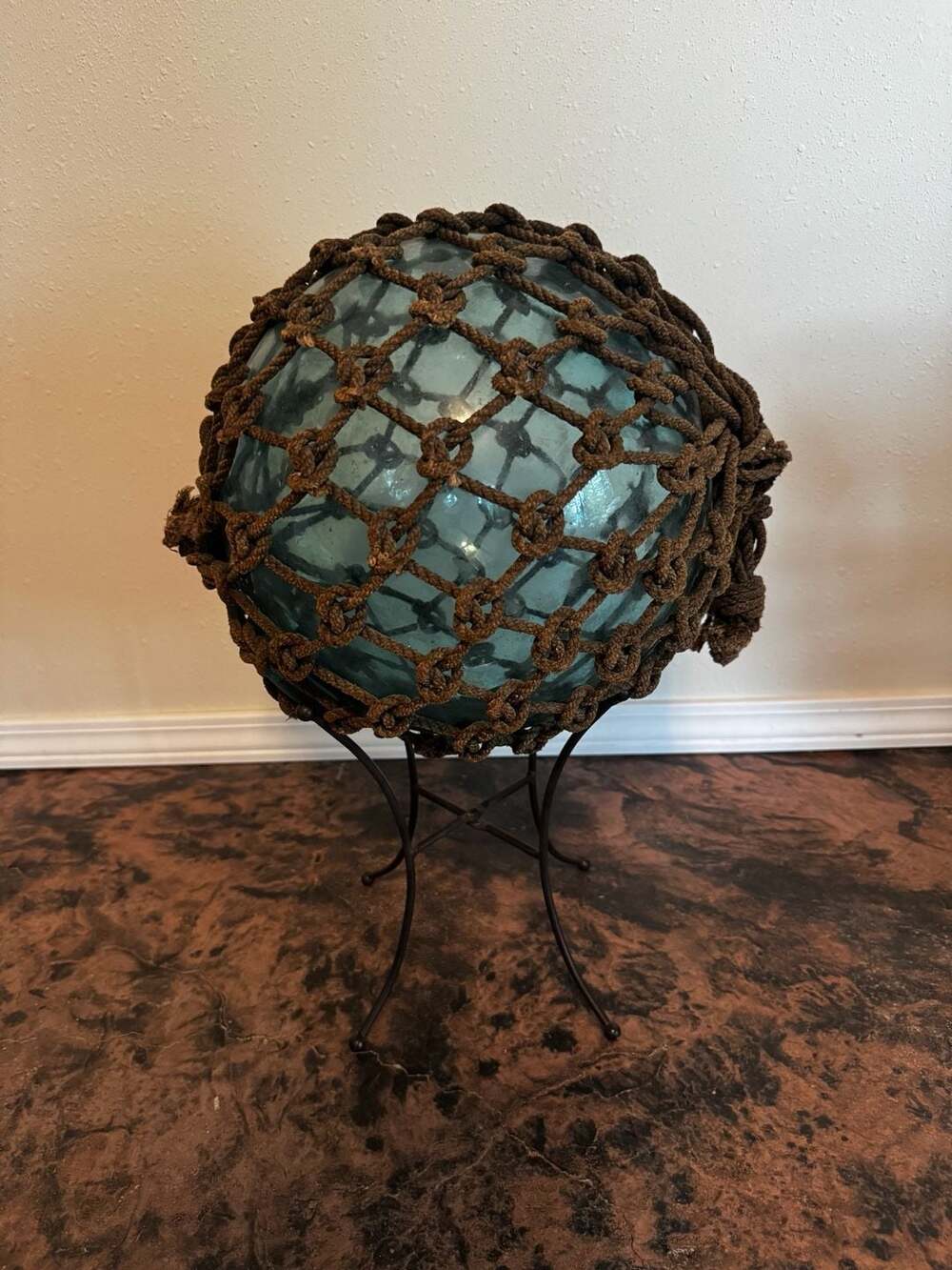 Vintage 12" Japanese Glass Fishing Float, Green Blown Glass With Hemp Netting -